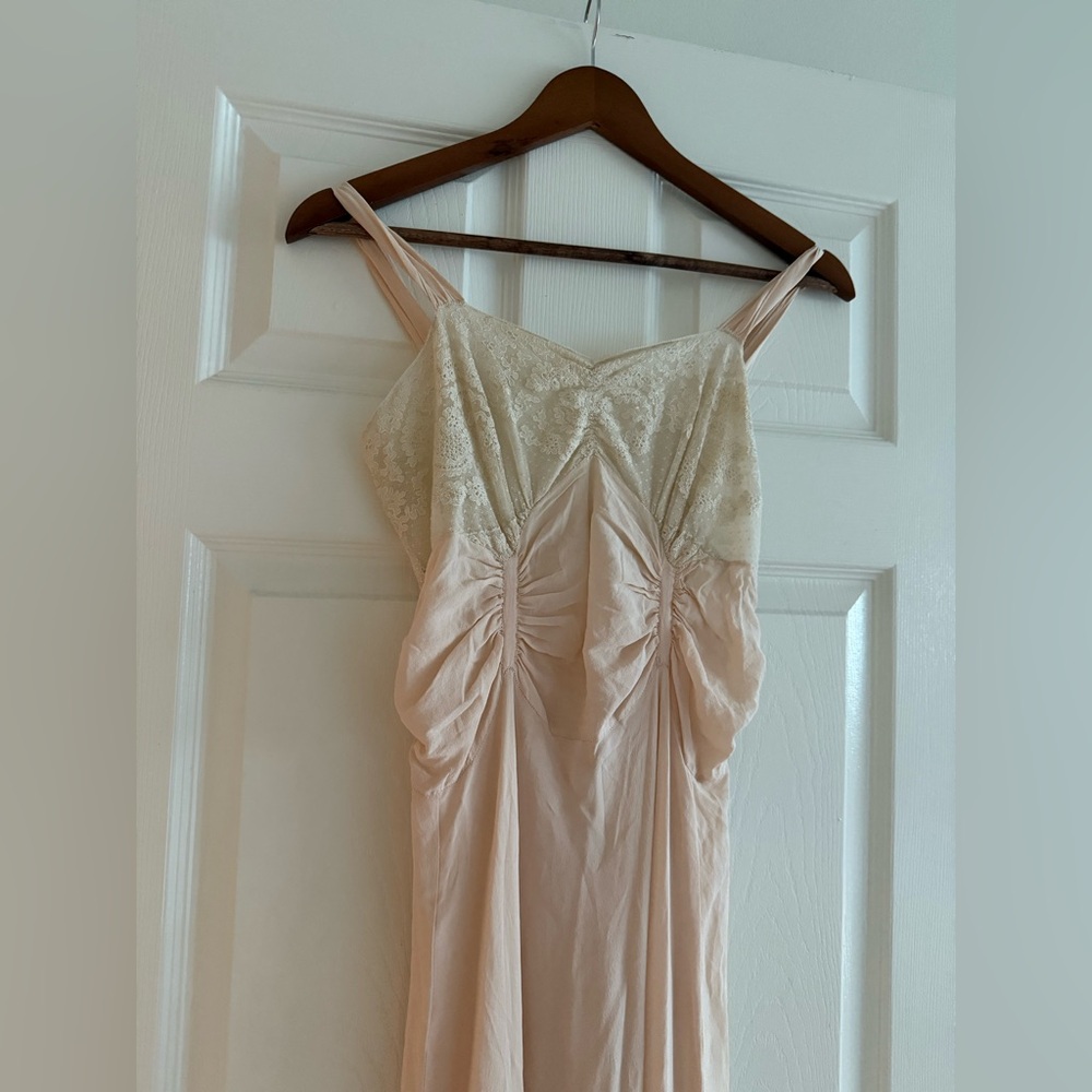 Vintage Silk Blush Pink Lace Nightgown Dress w/ Ruched Bodice